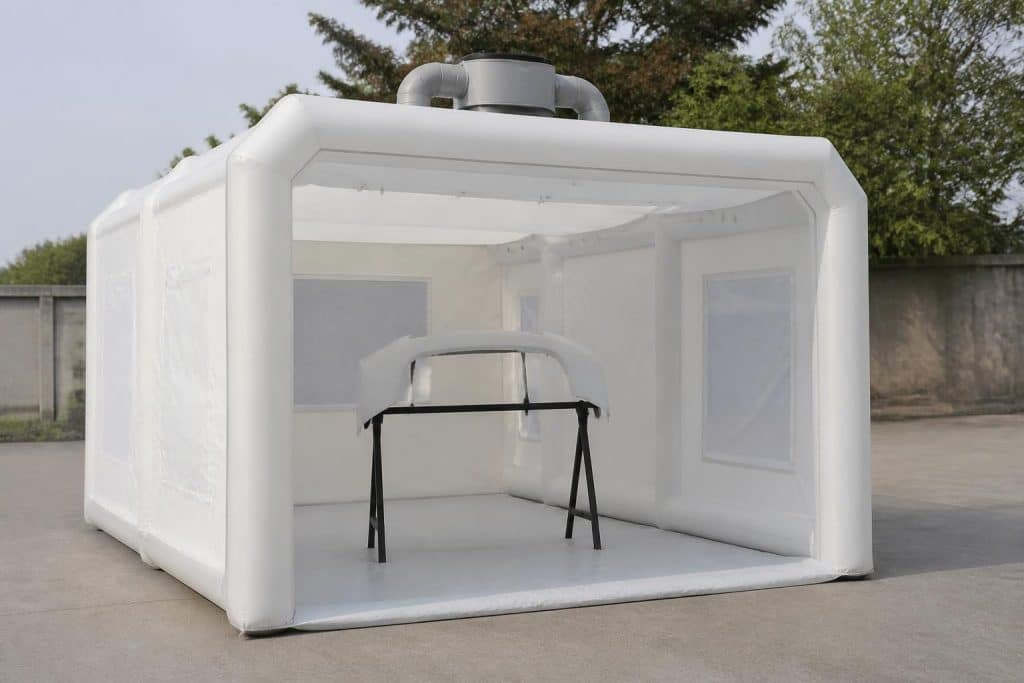 cabine de peinture gonflable portable équipée d'un système de ventilation intégré pour un travail efficace et sécurisé, idéale pour tous vos projets de peinture.